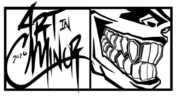 Black and white graphic with a stylized character and text on a white background