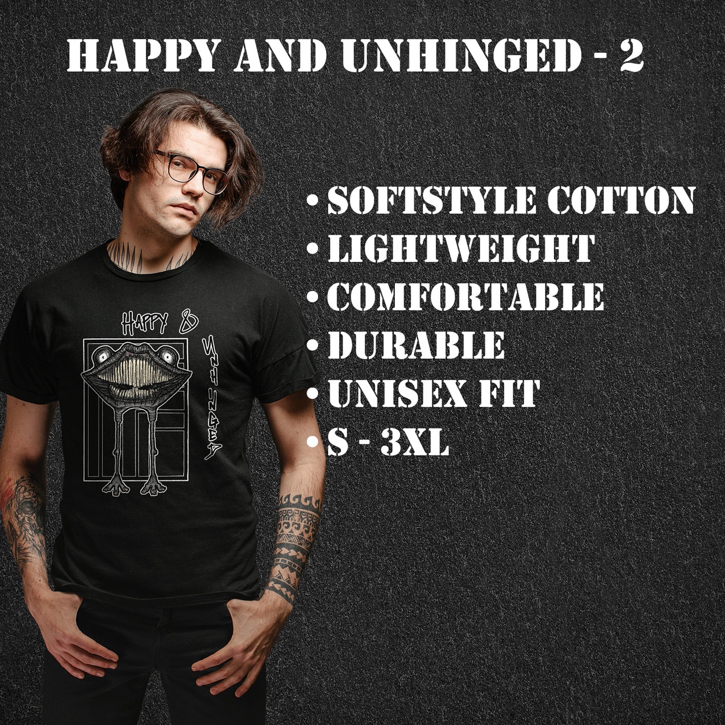Happy and Unhinged Creature graphic t-shirt StrangeWear ArtInCMinor