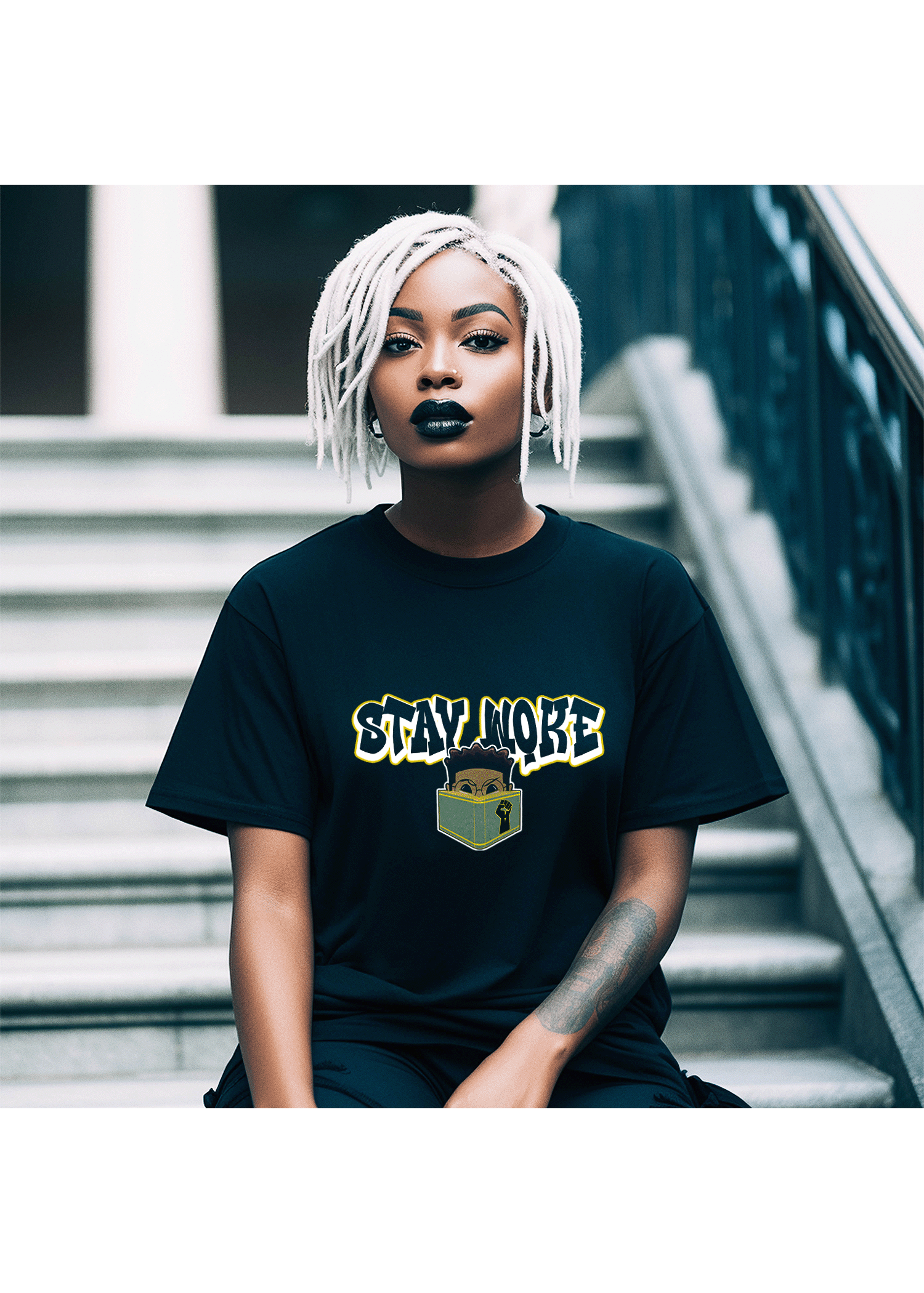 Stay Woke Black Power fist graffiti protest graphic t-shirt ArtInCMinor
