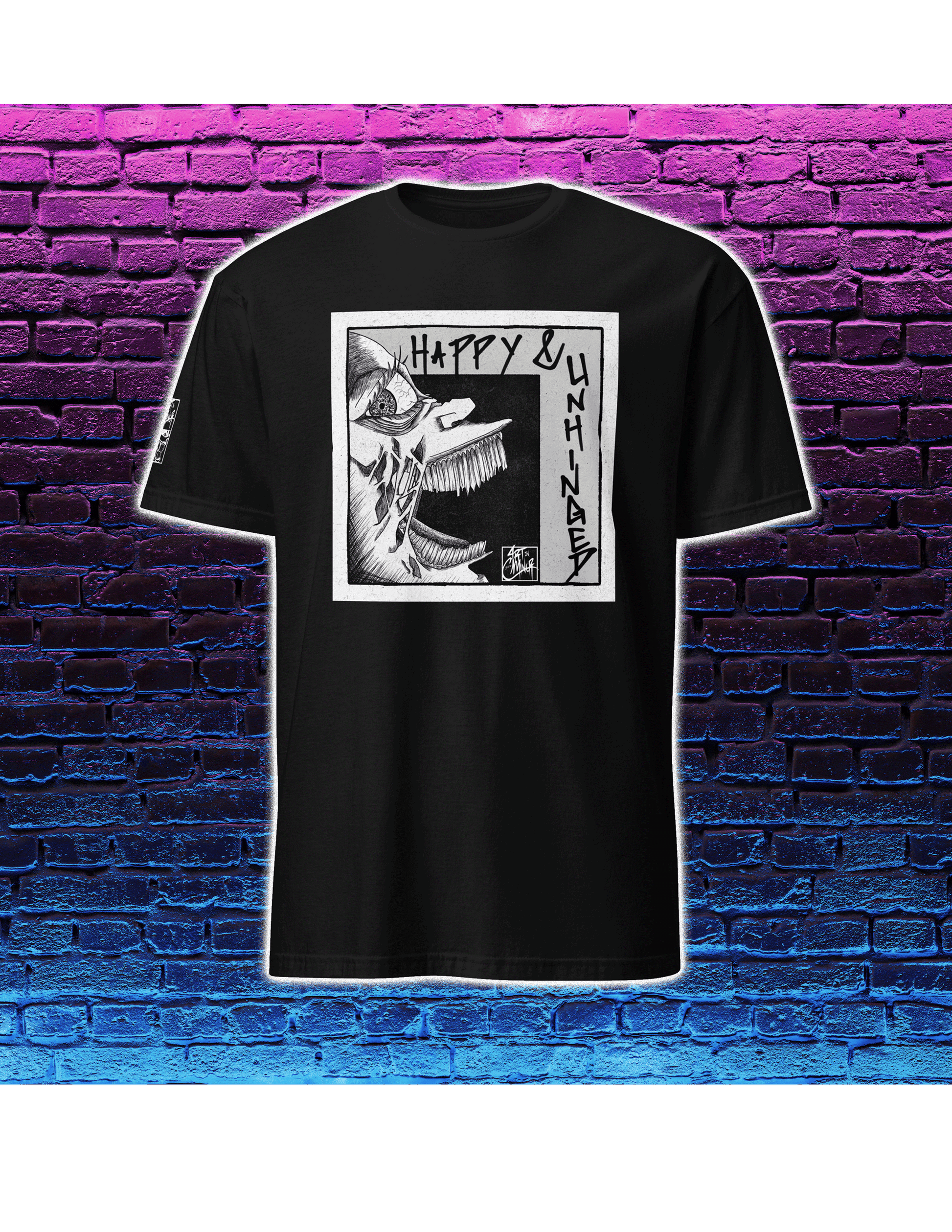Happy and Unhinged surreal graphic t-shirt unisex ArtInCMinor