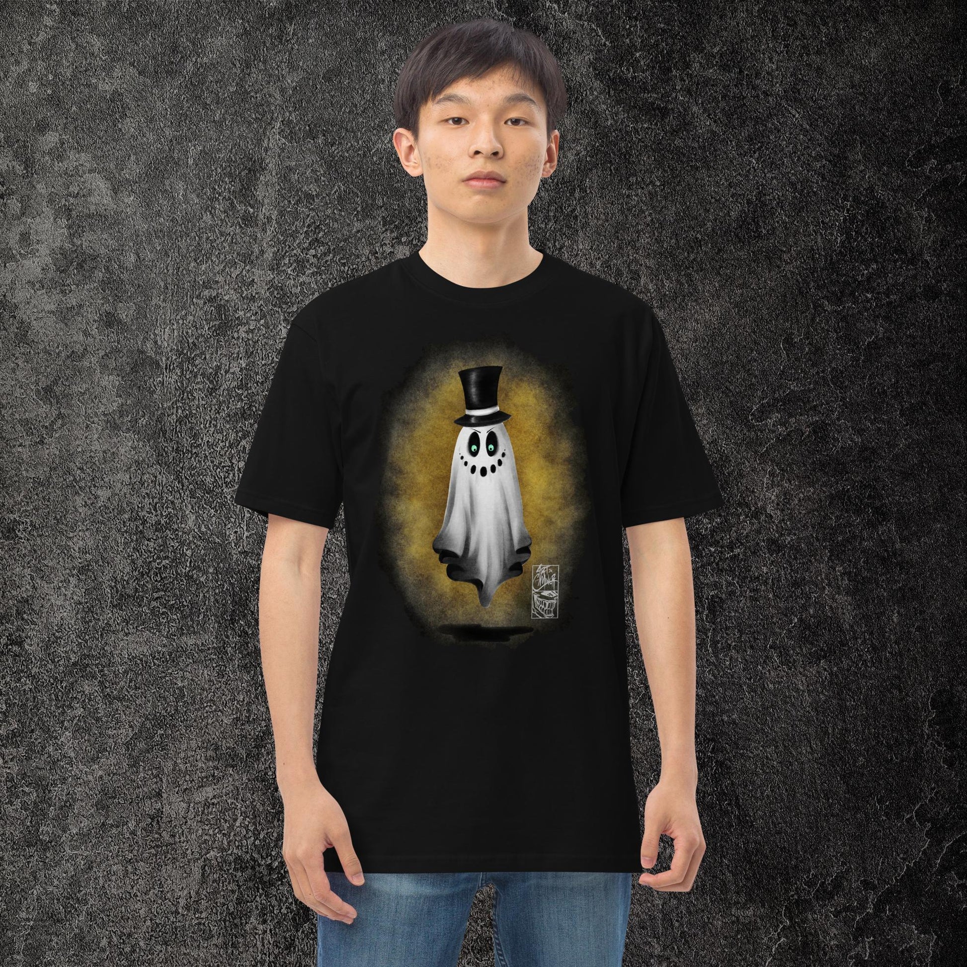 Top hat ghost grinning orange background graphic t-shirt unisex ArtInCMinor