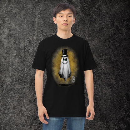 Top hat ghost grinning orange background graphic t-shirt unisex ArtInCMinor